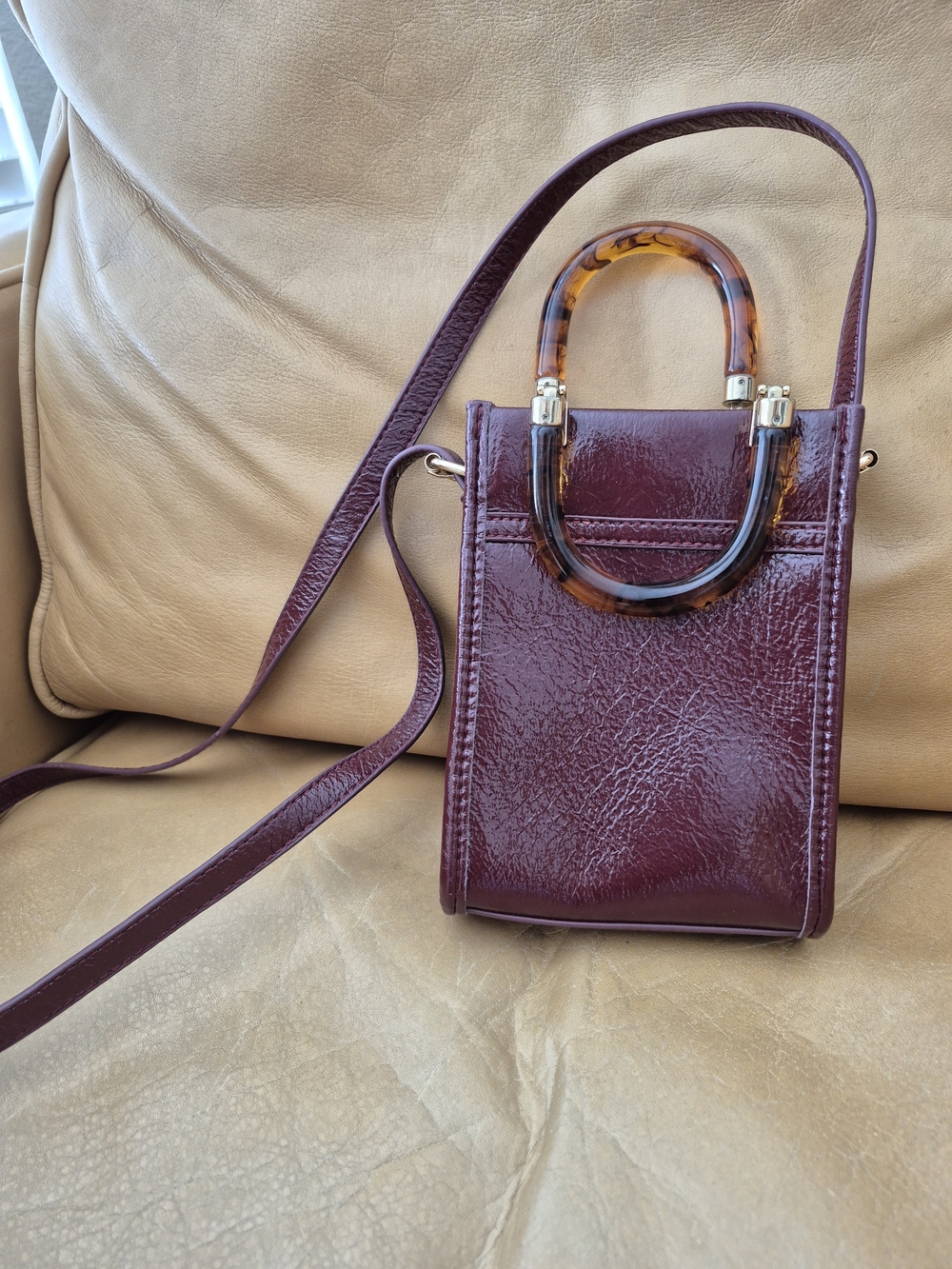 Anthropologie Small Burgundy Crossbody Bag with Tortoiseshell Handles - Picture 2 of 8